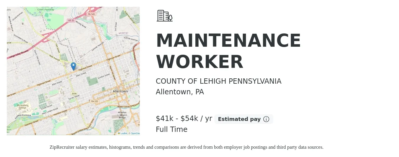 COUNTY OF LEHIGH PENNSYLVANIA job posting for a MAINTENANCE WORKER in Allentown, PA with a salary of $41,912 to $54,662 Yearly with a map of Allentown location.
