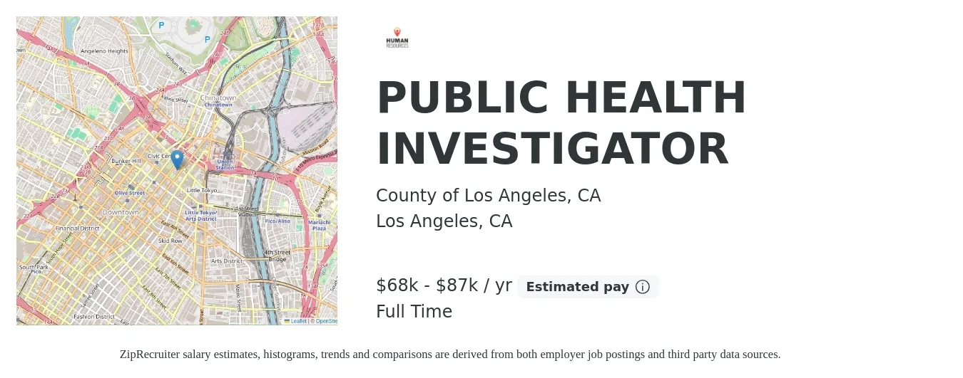 County of Los Angeles, CA job posting for a PUBLIC HEALTH INVESTIGATOR in Los Angeles, CA with a salary of $68,565 to $87,520 Yearly with a map of Los Angeles location.
