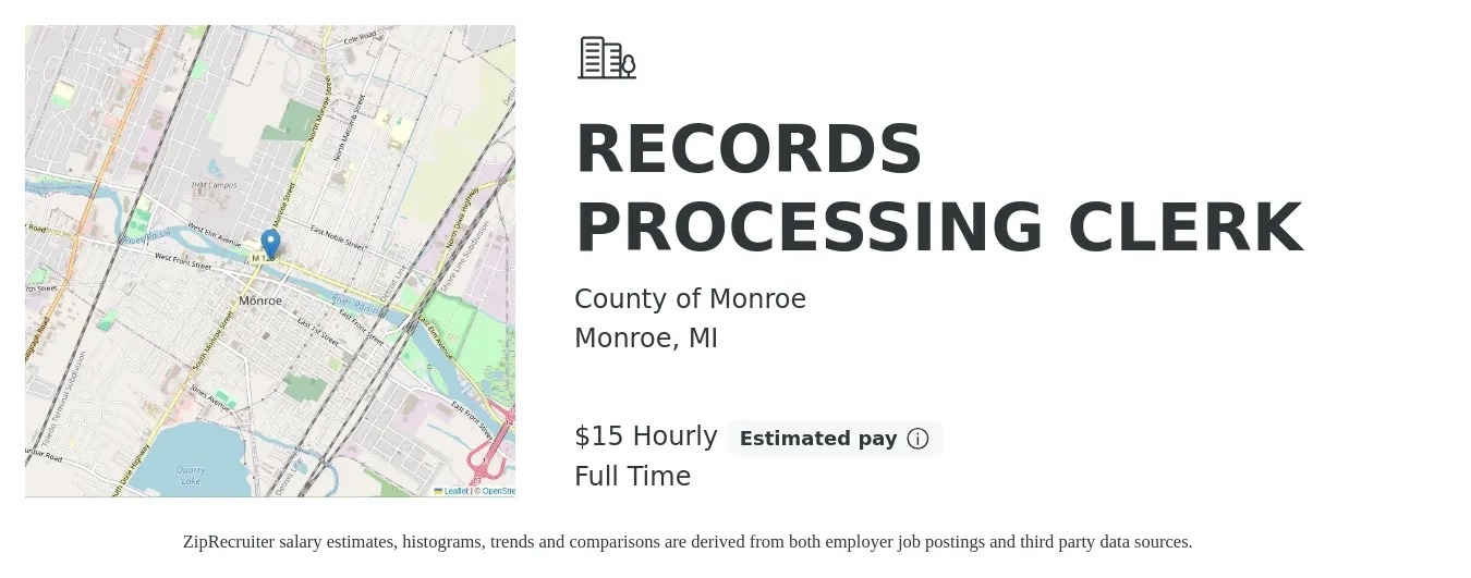 County of Monroe job posting for a RECORDS PROCESSING CLERK in Monroe, MI with a salary of $16 Hourly with a map of Monroe location.