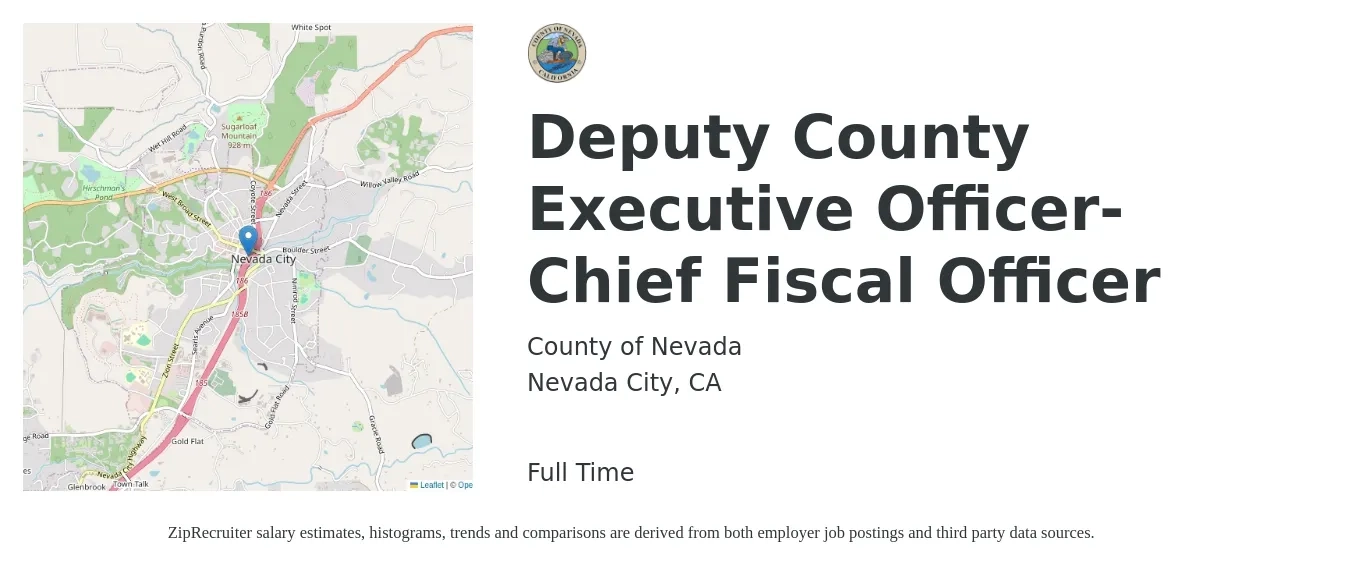 County of Nevada job posting for a Deputy County Executive Officer-Chief Fiscal Officer in Nevada City, CA with a salary of $166,447 to $203,197 Yearly with a map of Nevada City location.