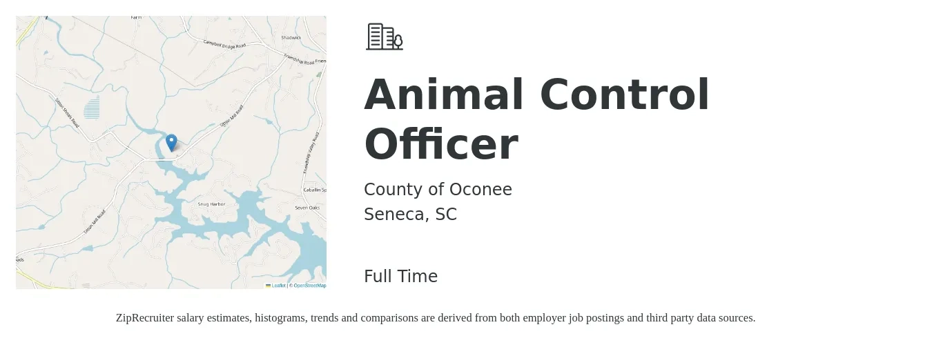 County of Oconee job posting for a Animal Control Officer in Seneca, SC with a salary of $31,300 to $43,900 Yearly with a map of Seneca location.