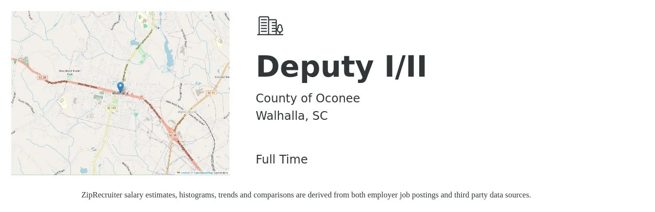 County of Oconee job posting for a Deputy I/II in Walhalla, SC with a map of Walhalla location.