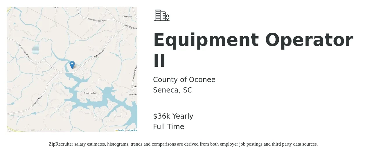County of Oconee job posting for a Equipment Operator II in Seneca, SC with a salary of $36,499 Yearly with a map of Seneca location.
