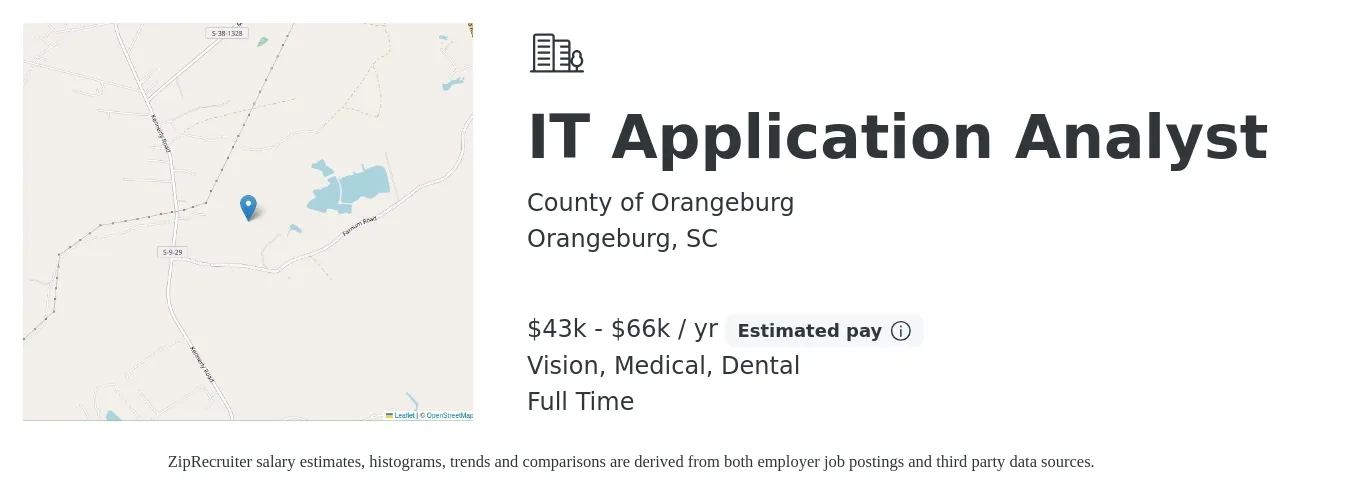 County of Orangeburg job posting for a IT Application Analyst in Orangeburg, SC with a salary of $43,772 to $66,710 Yearly and benefits including dental, life_insurance, medical, retirement, and vision with a map of Orangeburg location.