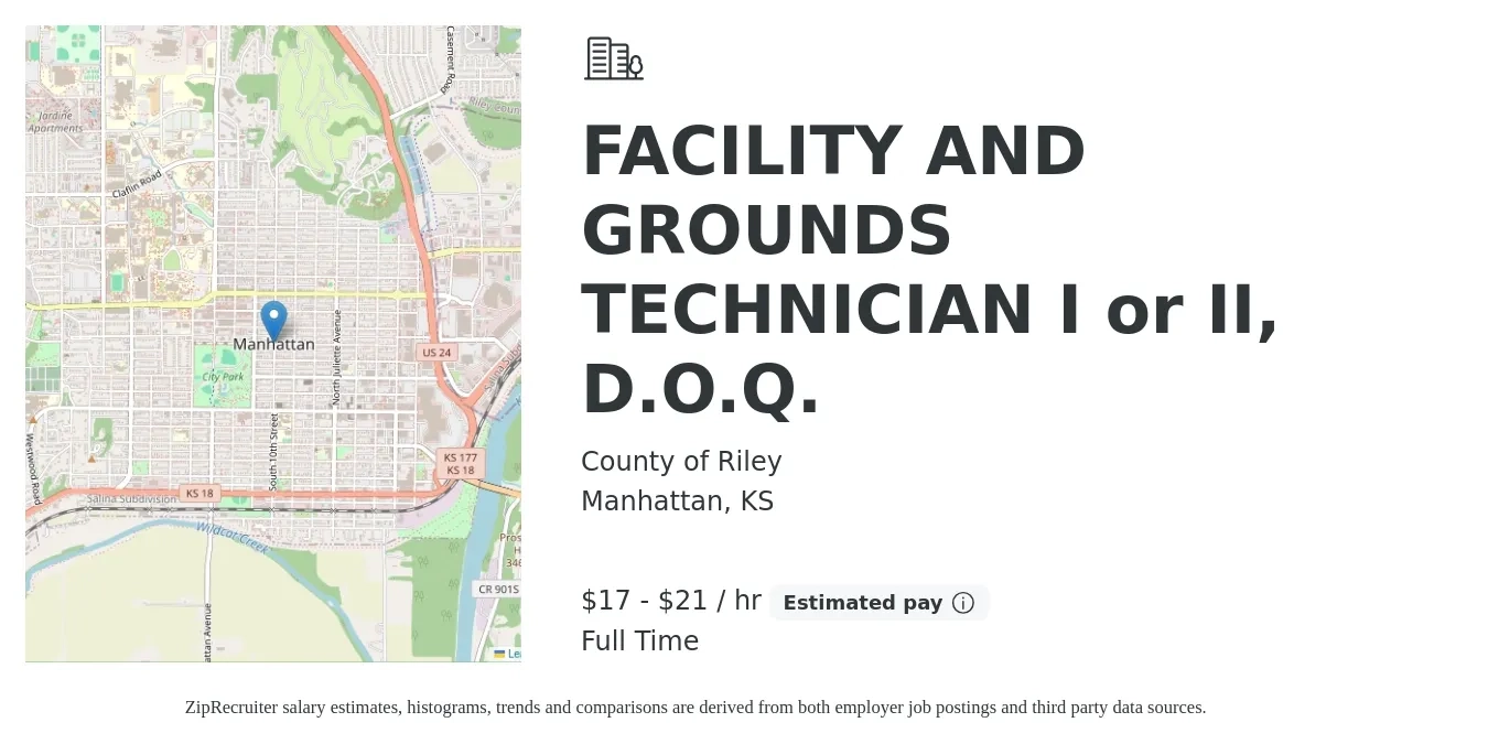 County of Riley job posting for a FACILITY AND GROUNDS TECHNICIAN I or II, D.O.Q. in Manhattan, KS with a salary of $18 to $23 Hourly with a map of Manhattan location.