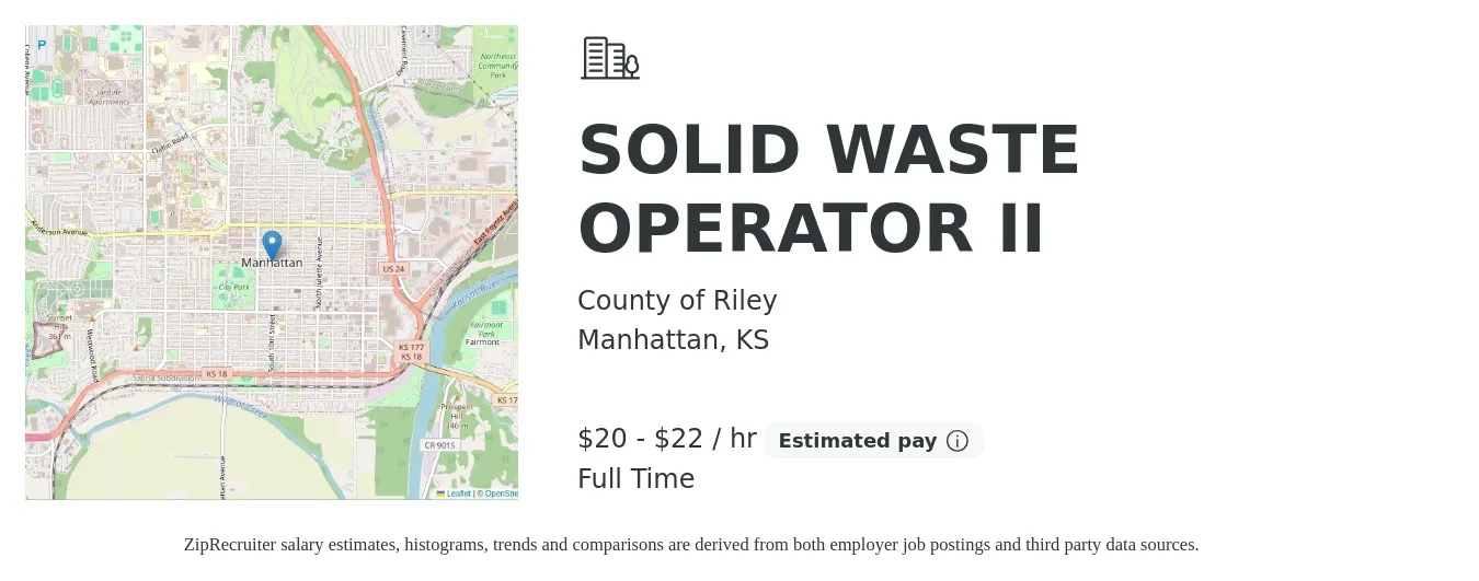 County of Riley job posting for a SOLID WASTE OPERATOR II in Manhattan, KS with a salary of $22 to $23 Hourly with a map of Manhattan location.