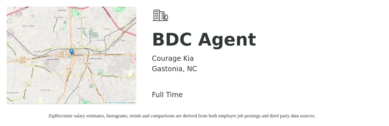 Courage Kia job posting for a BDC Agent in Gastonia, NC with a salary of $41,100 to $64,000 Yearly with a map of Gastonia location.