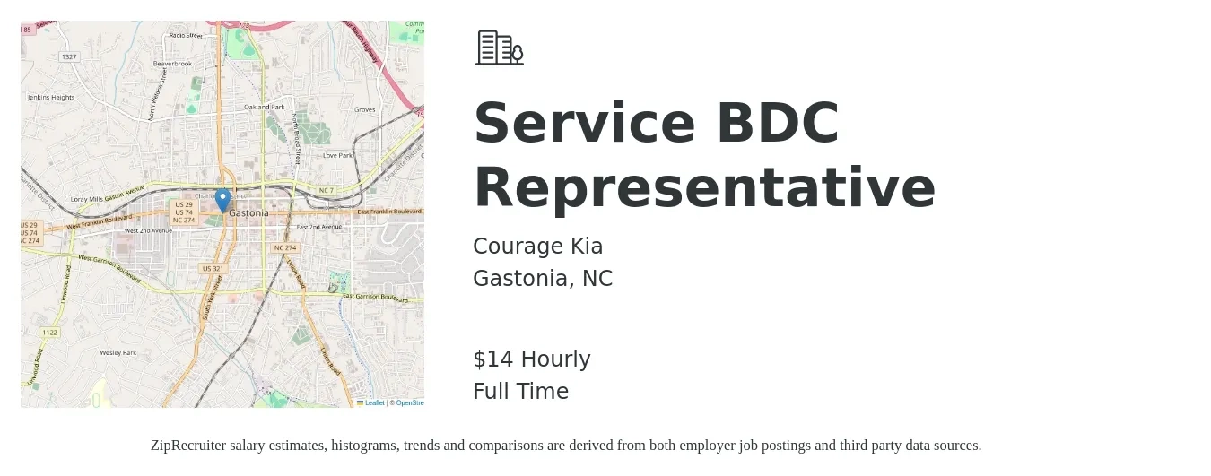 Courage Kia job posting for a Service BDC Representative in Gastonia, NC with a salary of $15 Hourly with a map of Gastonia location.