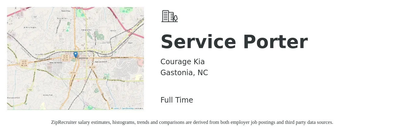 Courage Kia job posting for a Service Porter in Gastonia, NC with a salary of $14 to $16 Hourly with a map of Gastonia location.