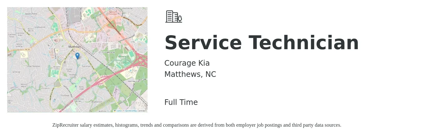 Courage Kia job posting for a Service Technician in Matthews, NC with a salary of $19 to $26 Hourly with a map of Matthews location.