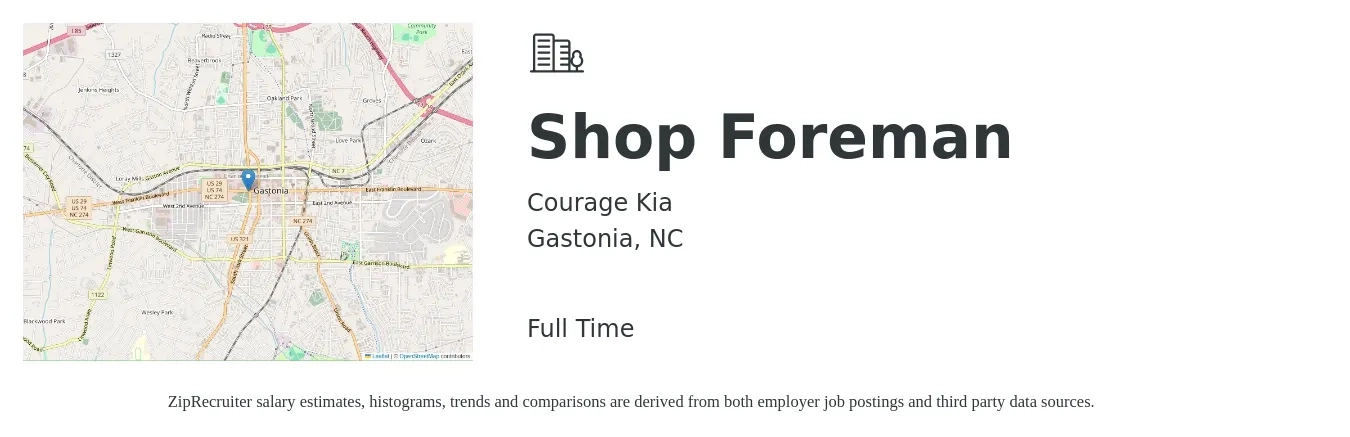 Courage Kia job posting for a Shop Foreman in Gastonia, NC with a salary of $45,700 to $73,100 Yearly with a map of Gastonia location.