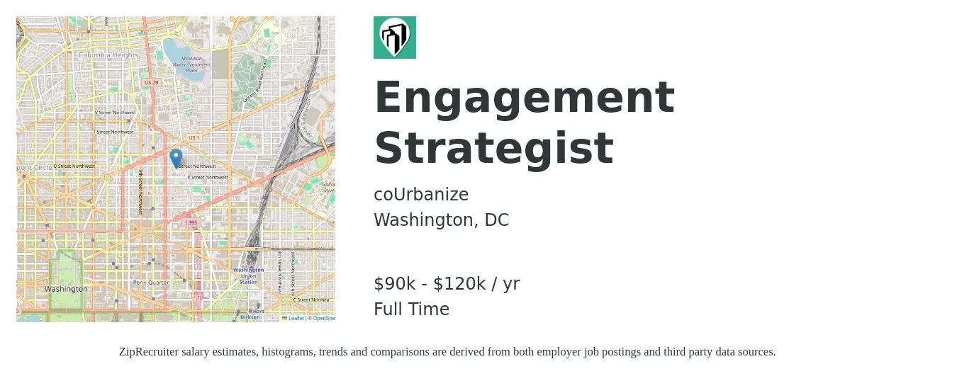coUrbanize job posting for a Engagement Strategist in Washington, DC with a salary of $90,000 to $120,000 Yearly with a map of Washington location.