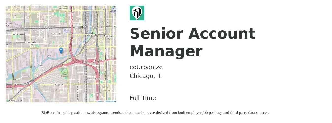 coUrbanize job posting for a Senior Account Manager in Chicago, IL with a salary of $79,900 to $125,800 Yearly with a map of Chicago location.