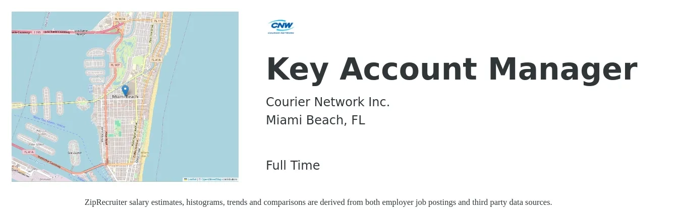 Courier Network Inc. job posting for a Key Account Manager in Miami Beach, FL with a salary of $72,100 to $109,600 Yearly with a map of Miami Beach location.