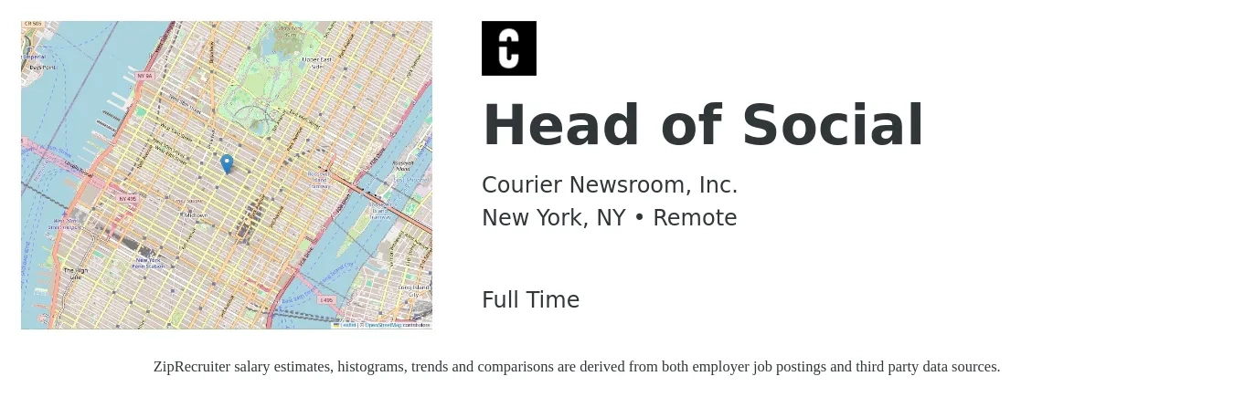 Courier Newsroom, Inc. job posting for a Head of Social in New York, NY with a salary of $120,000 to $135,000 Yearly with a map of New York location.