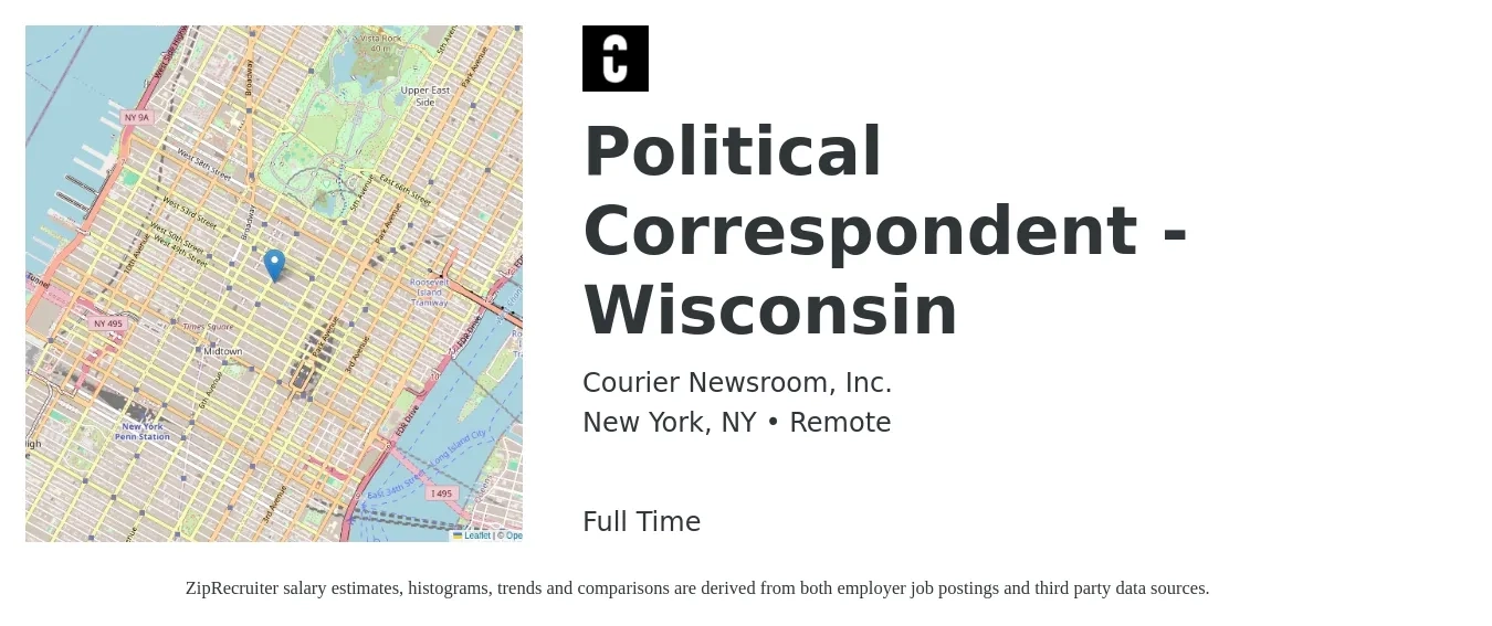 Courier Newsroom, Inc. job posting for a Political Correspondent - Wisconsin in New York, NY with a map of New York location.
