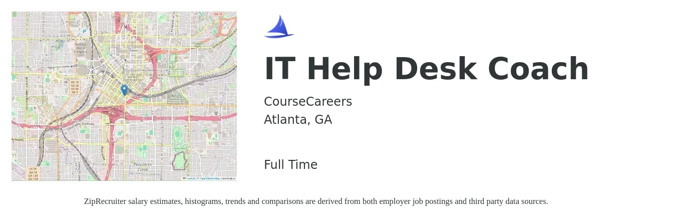 CourseCareers job posting for a IT Help Desk Coach in Atlanta, GA with a salary of $2,000 to $50,000 Monthly (plus commission) with a map of Atlanta location.