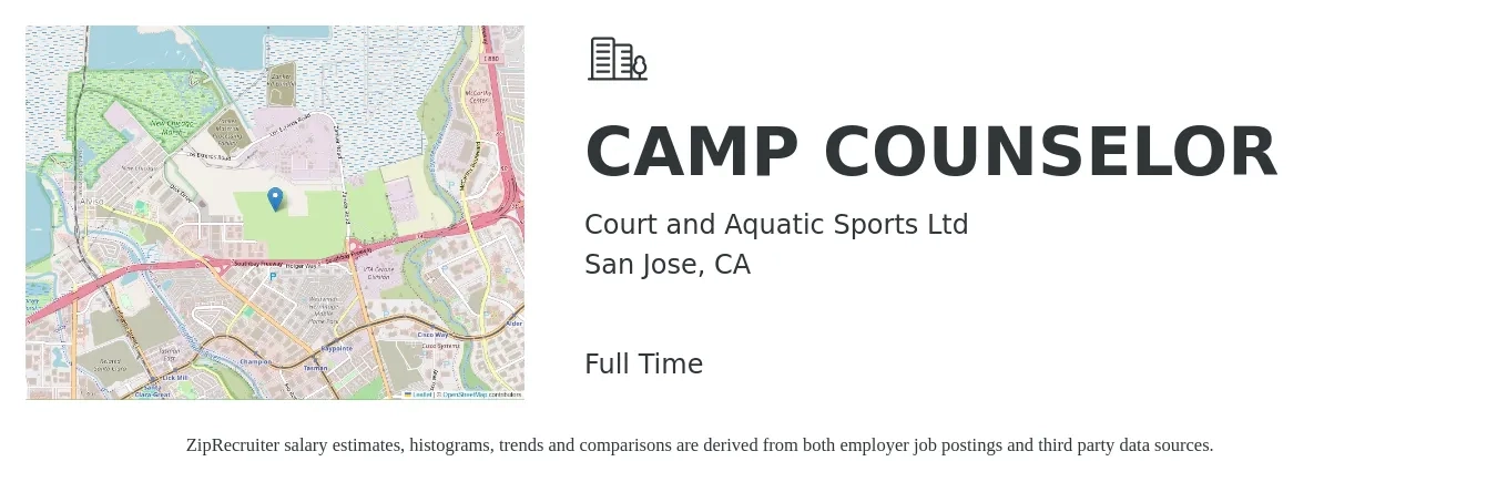 Court and Aquatic Sports LTD job posting for a CAMP COUNSELOR in San Jose, CA with a salary of $15 to $20 Hourly with a map of San Jose location.