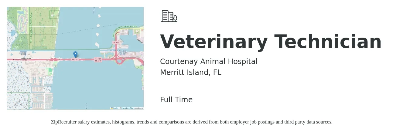 Courtenay Animal Hospital job posting for a Veterinary Technician in Merritt Island, FL with a salary of $20 to $27 Hourly with a map of Merritt Island location.