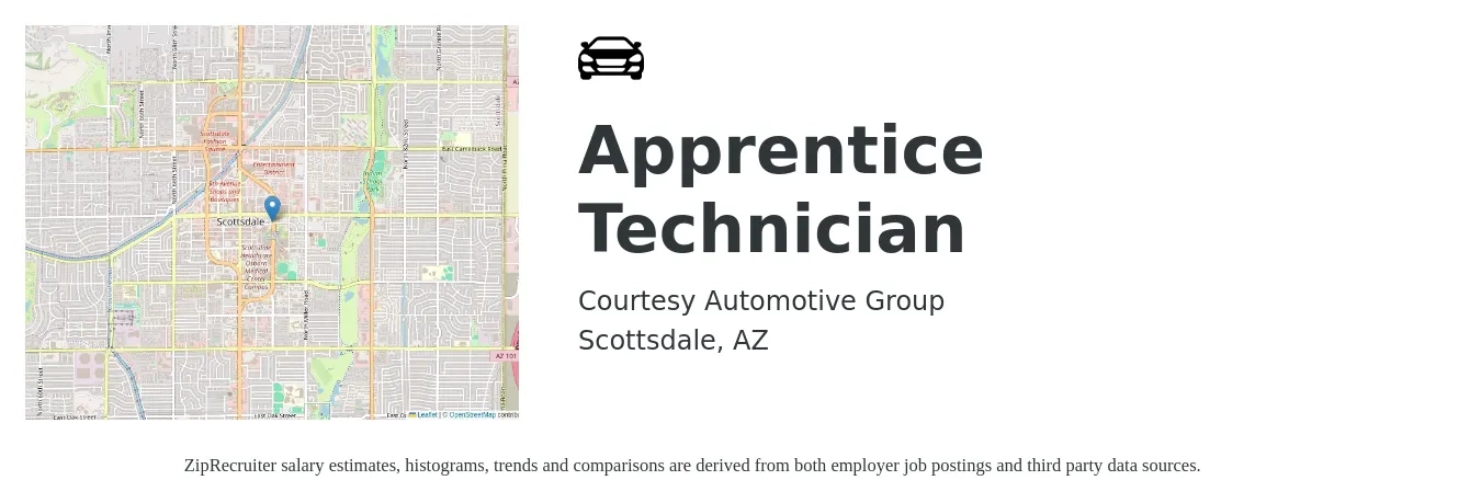 Courtesy Automotive Group job posting for a Apprentice Technician in Scottsdale, AZ with a salary of $17 to $22 Hourly with a map of Scottsdale location.