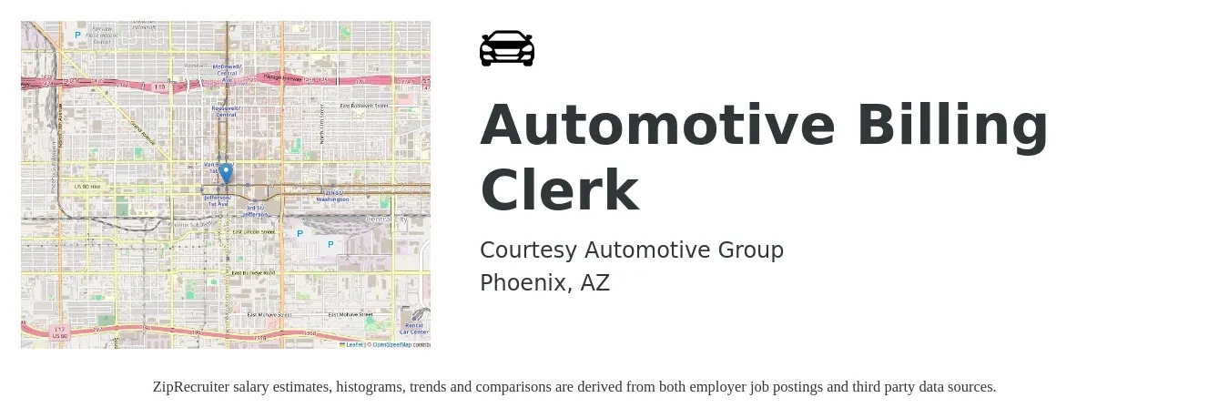 Courtesy Automotive Group job posting for a Automotive Billing Clerk in Phoenix, AZ with a salary of $17 to $22 Hourly with a map of Phoenix location.