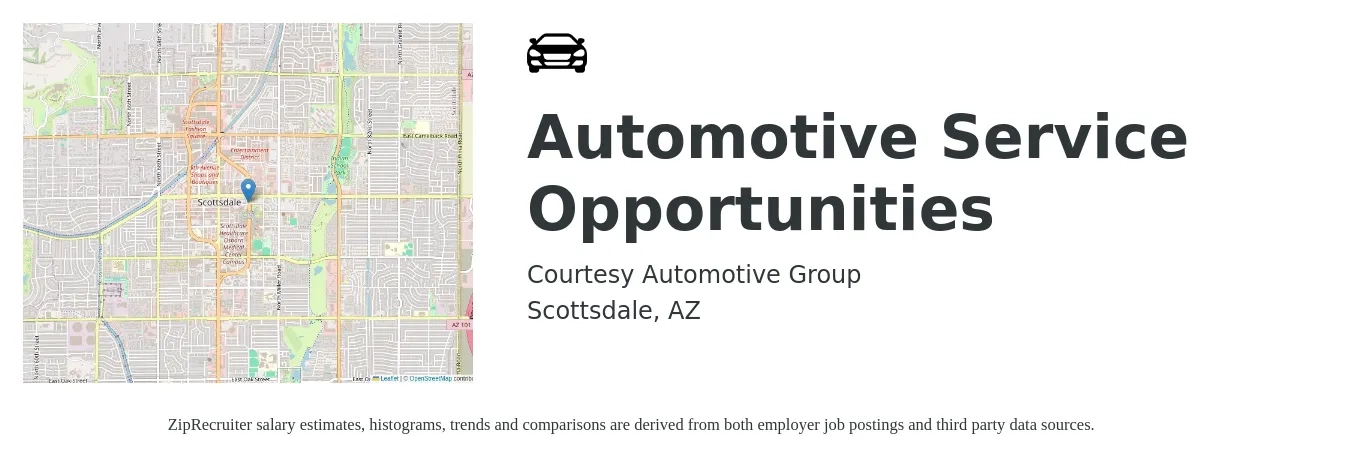 Courtesy Automotive Group job posting for a Automotive Service Opportunities in Scottsdale, AZ with a salary of $19 to $31 Hourly with a map of Scottsdale location.