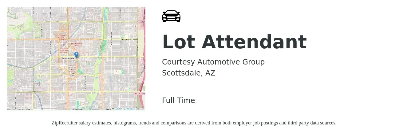 Courtesy Automotive Group job posting for a Lot Attendant in Scottsdale, AZ with a salary of $15 to $18 Hourly with a map of Scottsdale location.