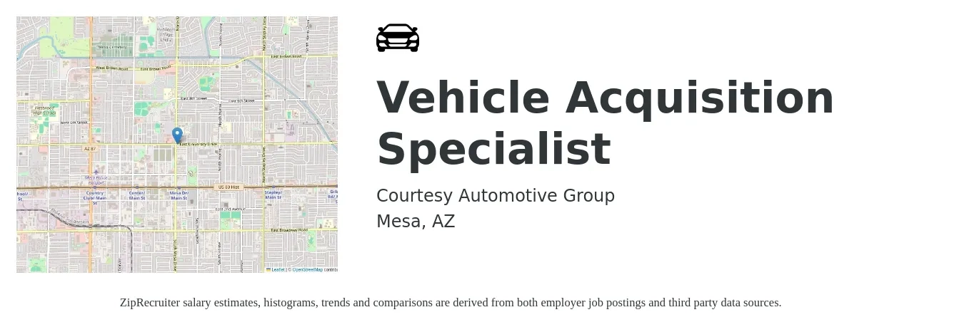 Courtesy Automotive Group job posting for a Vehicle Acquisition Specialist in Mesa, AZ with a salary of $60,700 to $85,300 Yearly with a map of Mesa location.