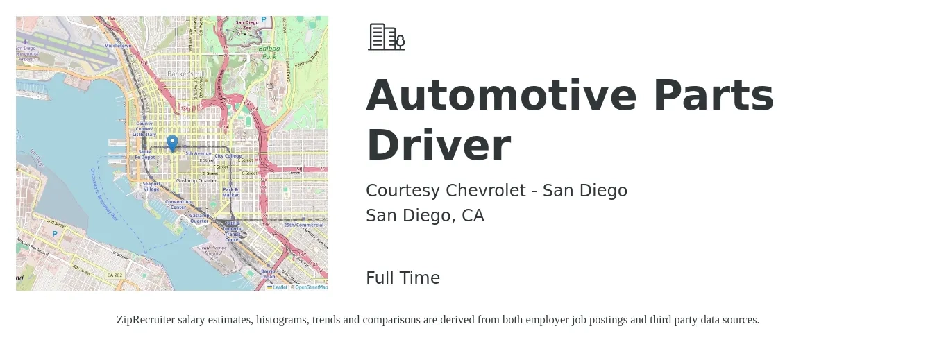 Courtesy Chevrolet - San Diego job posting for a Automotive Parts Driver in San Diego, CA with a salary of $31,900 to $40,300 Yearly with a map of San Diego location.