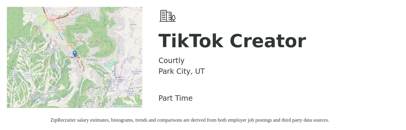 Courtly job posting for a TikTok Creator in Park City, UT with a salary of $131,800 Yearly with a map of Park City location.