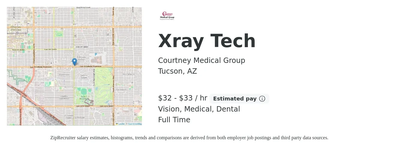 Courtney Medical Group job posting for a Xray Tech in Tucson, AZ with a salary of $34 to $35 Hourly and benefits including medical, vision, and dental with a map of Tucson location.