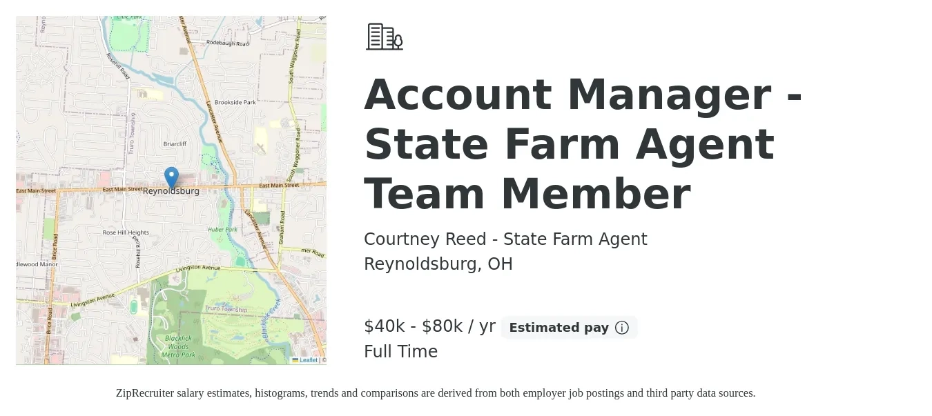 Courtney Reed - State Farm Agent job posting for a Account Manager - State Farm Agent Team Member in Reynoldsburg, OH with a salary of $40,000 to $80,000 Yearly with a map of Reynoldsburg location.