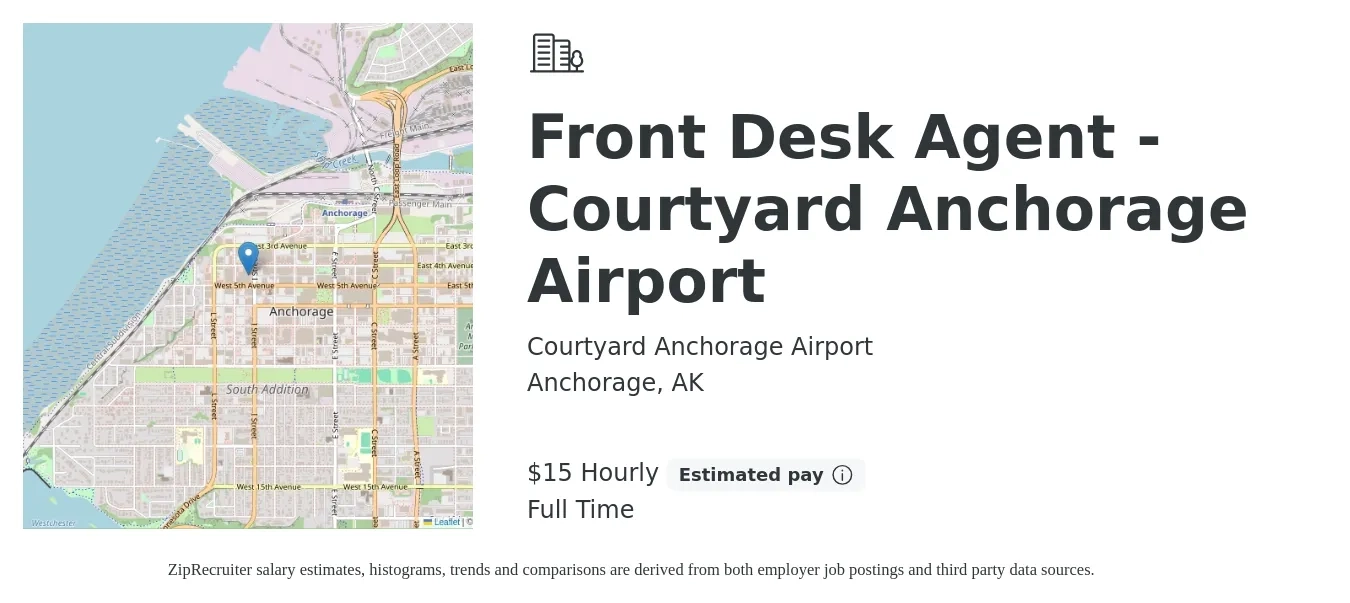 Courtyard Anchorage Airport job posting for a Front Desk Agent - Courtyard Anchorage Airport in Anchorage, AK with a salary of $16 Hourly with a map of Anchorage location.