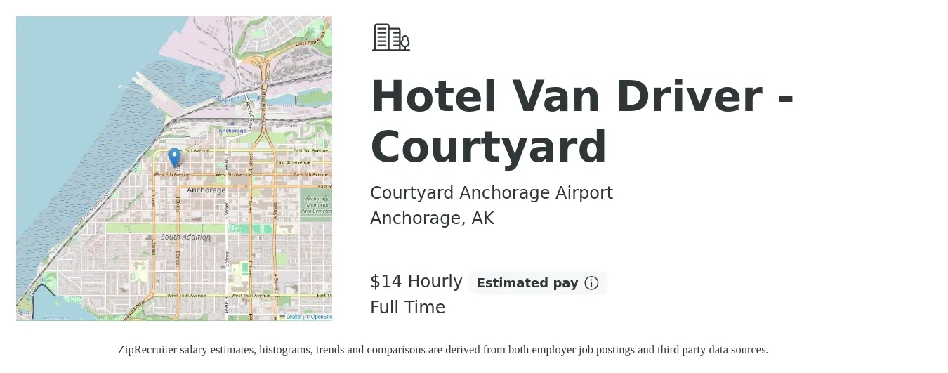 Courtyard Anchorage Airport job posting for a Hotel Van Driver - Courtyard in Anchorage, AK with a salary of $15 Hourly with a map of Anchorage location.