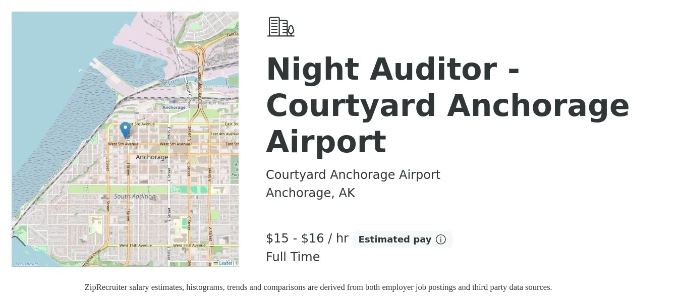 Courtyard Anchorage Airport job posting for a Night Auditor - Courtyard Anchorage Airport in Anchorage, AK with a salary of $16 to $17 Hourly with a map of Anchorage location.
