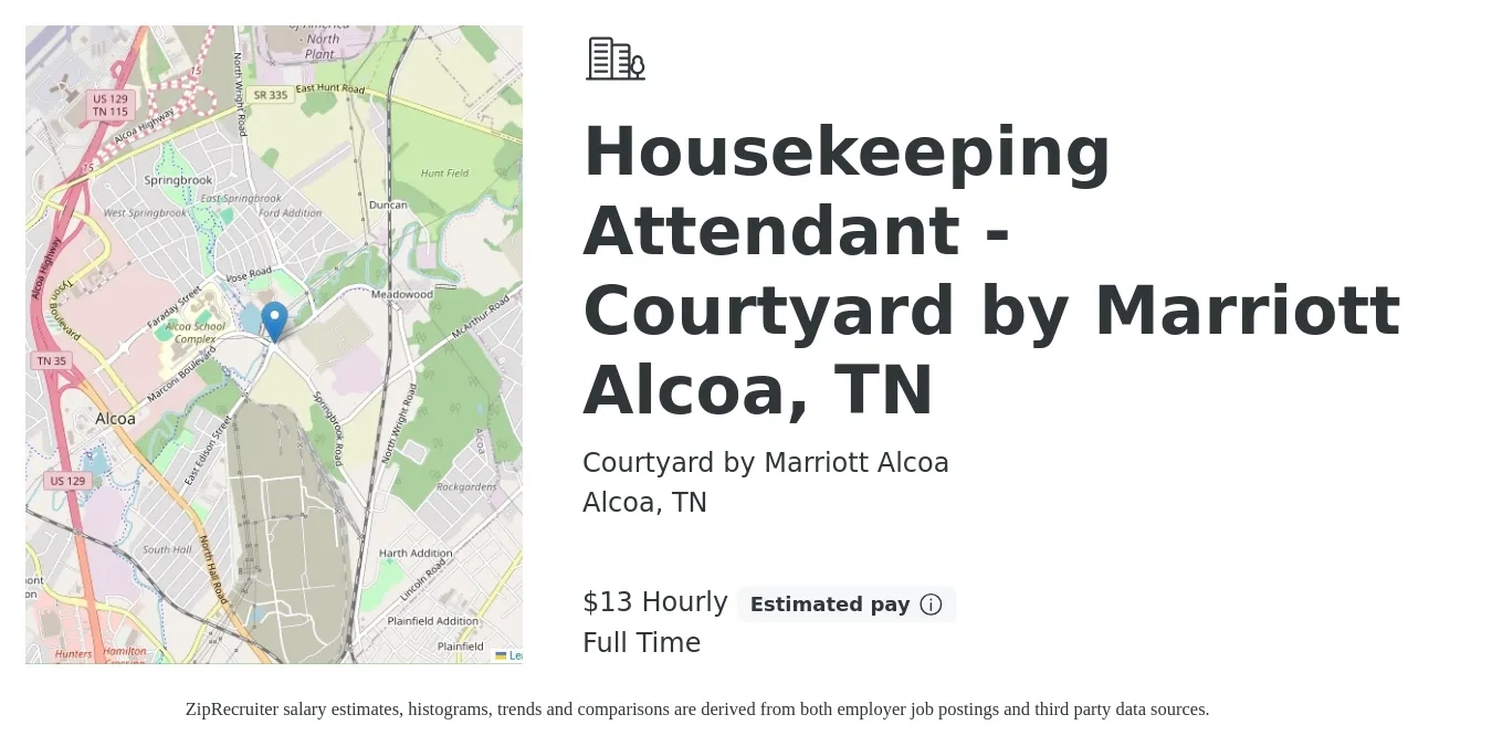 Courtyard by Marriott Alcoa job posting for a Housekeeping Attendant - Courtyard by Marriott Alcoa, TN in Alcoa, TN with a salary of $14 Hourly with a map of Alcoa location.