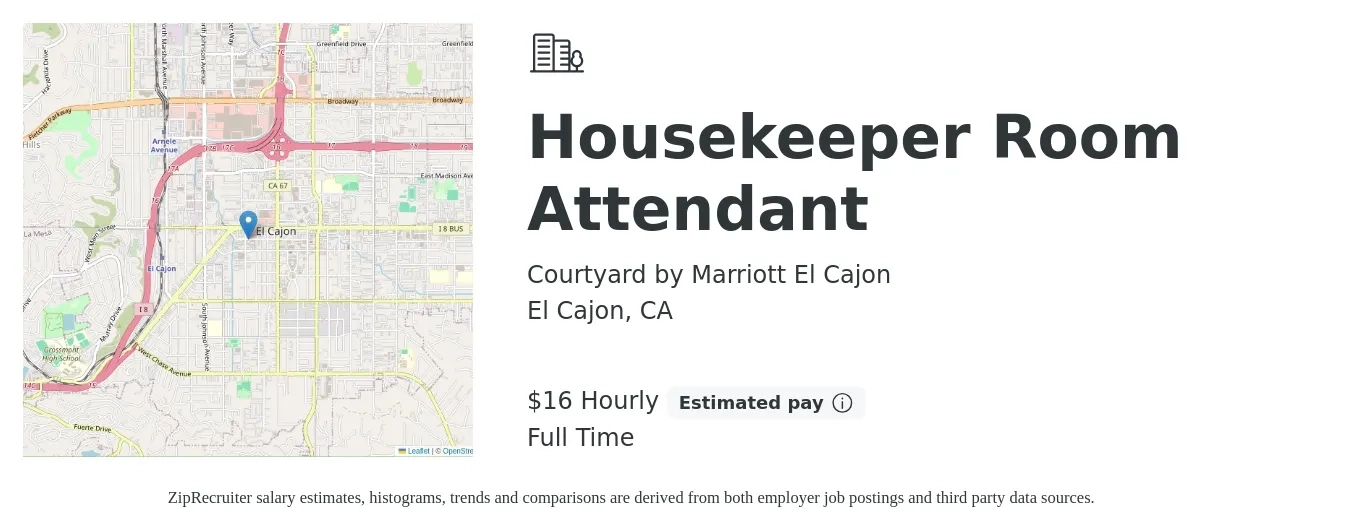 Courtyard by Marriott El Cajon job posting for a Housekeeper Room Attendant in El Cajon, CA with a salary of $17 to $17 Hourly with a map of El Cajon location.