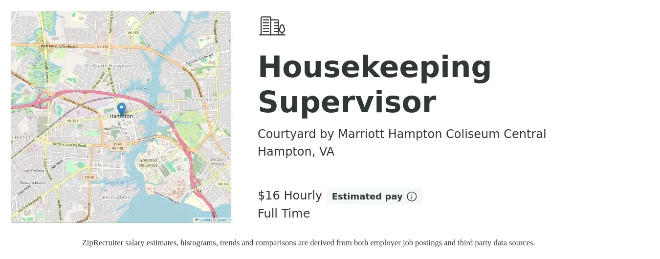 Courtyard by Marriott Hampton Coliseum Central job posting for a Housekeeping Supervisor in Hampton, VA with a salary of $17 Hourly with a map of Hampton location.
