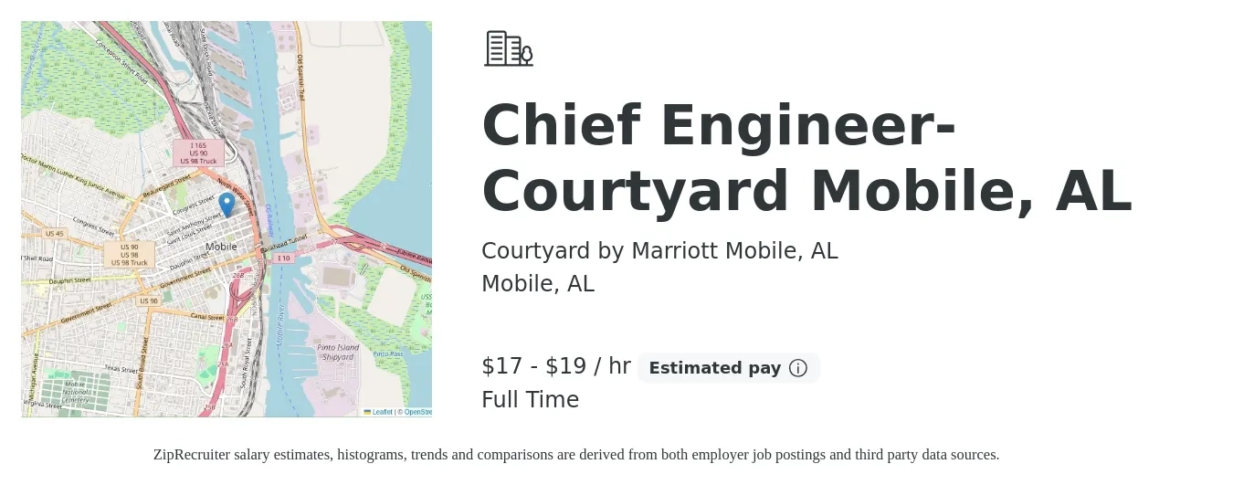 Courtyard by Marriott Mobile, AL job posting for a Chief Engineer-Courtyard Mobile, AL in Mobile, AL with a salary of $18 to $20 Hourly with a map of Mobile location.