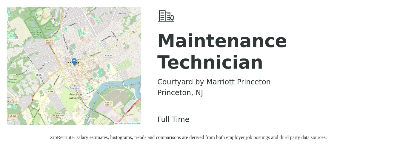 Courtyard by Marriott Princeton job posting for a Maintenance Technician in Princeton, NJ with a salary of $20 to $28 Hourly with a map of Princeton location.