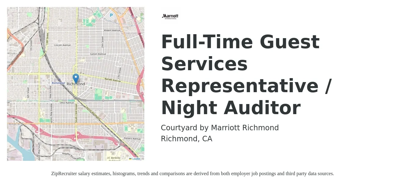 Courtyard by Marriott Richmond job posting for a Full-Time Guest Services Representative / Night Auditor in Richmond, CA with a salary of $17 to $22 Hourly with a map of Richmond location.