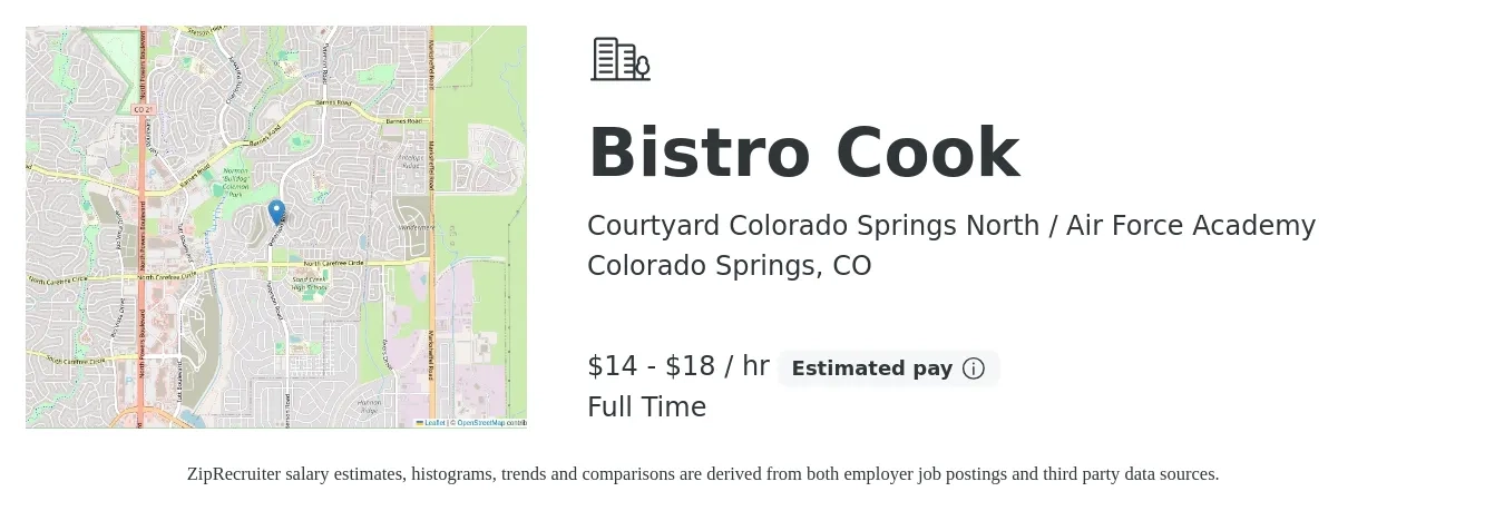 Courtyard Colorado Springs North / Air Force Academy job posting for a Bistro Cook in Colorado Springs, CO with a salary of $15 to $19 Hourly with a map of Colorado Springs location.