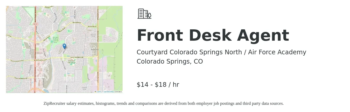 Courtyard Colorado Springs North / Air Force Academy job posting for a Front Desk Agent in Colorado Springs, CO with a salary of $15 to $19 Hourly with a map of Colorado Springs location.