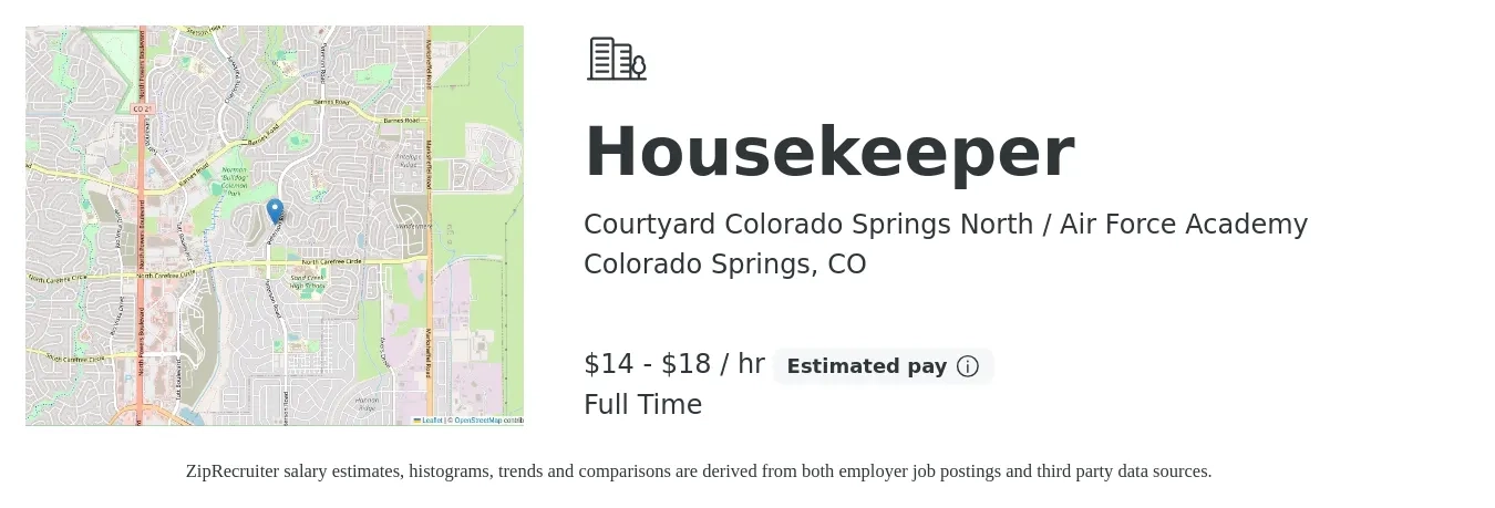 Courtyard Colorado Springs North / Air Force Academy job posting for a Housekeeper in Colorado Springs, CO with a salary of $14 to $18 Hourly with a map of Colorado Springs location.
