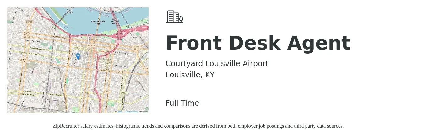 Courtyard Louisville Airport job posting for a Front Desk Agent in Louisville, KY with a salary of $13 to $16 Hourly with a map of Louisville location.