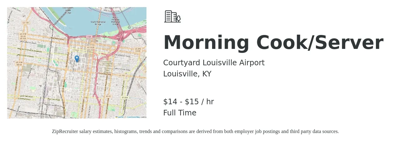 Courtyard Louisville Airport job posting for a Morning Cook/Server in Louisville, KY with a salary of $15 to $16 Hourly with a map of Louisville location.