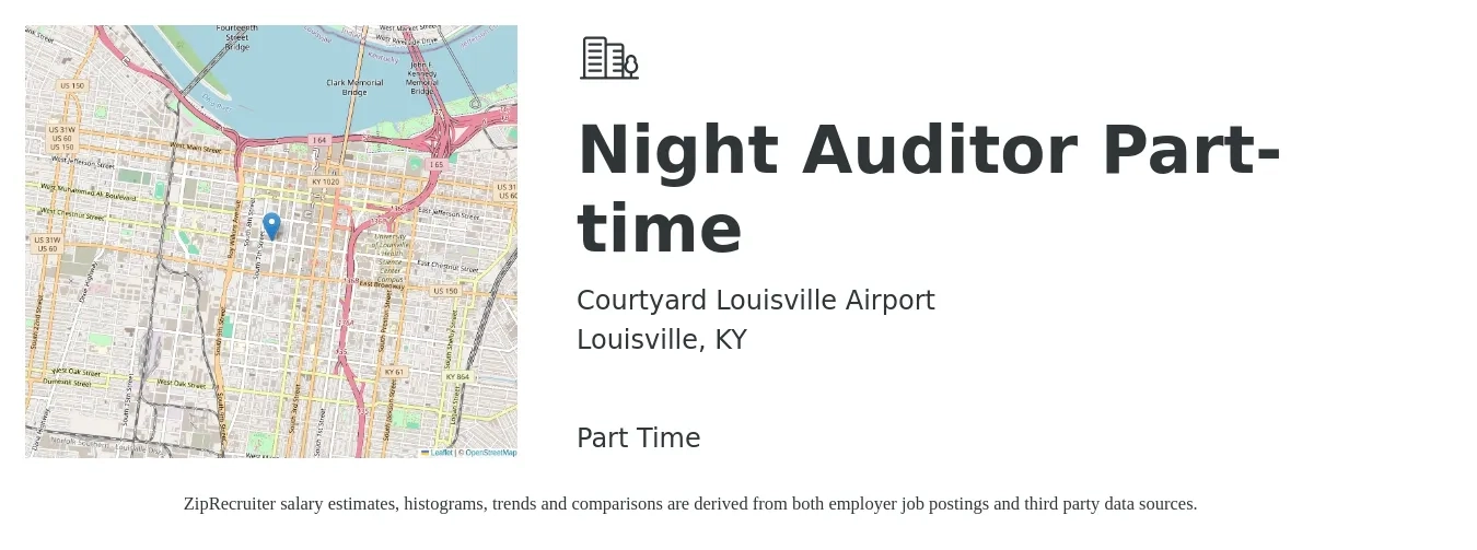 Courtyard Louisville Airport job posting for a Night Auditor Part-time in Louisville, KY with a salary of $14 to $18 Hourly with a map of Louisville location.