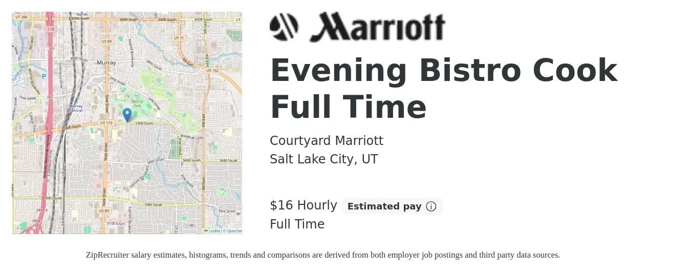 Courtyard Marriott job posting for a Evening Bistro Cook Full Time in Salt Lake City, UT with a salary of $17 Hourly with a map of Salt Lake City location.
