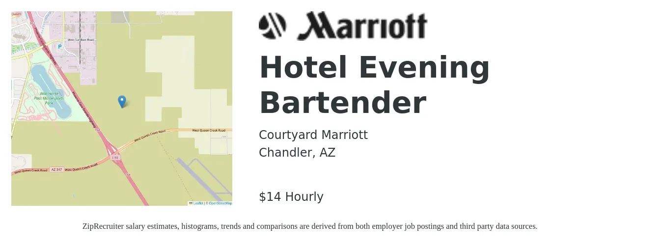 Courtyard Marriott job posting for a Hotel Evening Bartender in Chandler, AZ with a salary of $16 Hourly with a map of Chandler location.