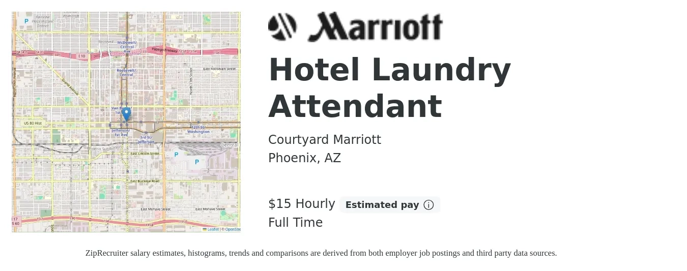 Courtyard Marriott job posting for a Hotel Laundry Attendant in Phoenix, AZ with a salary of $16 Hourly with a map of Phoenix location.